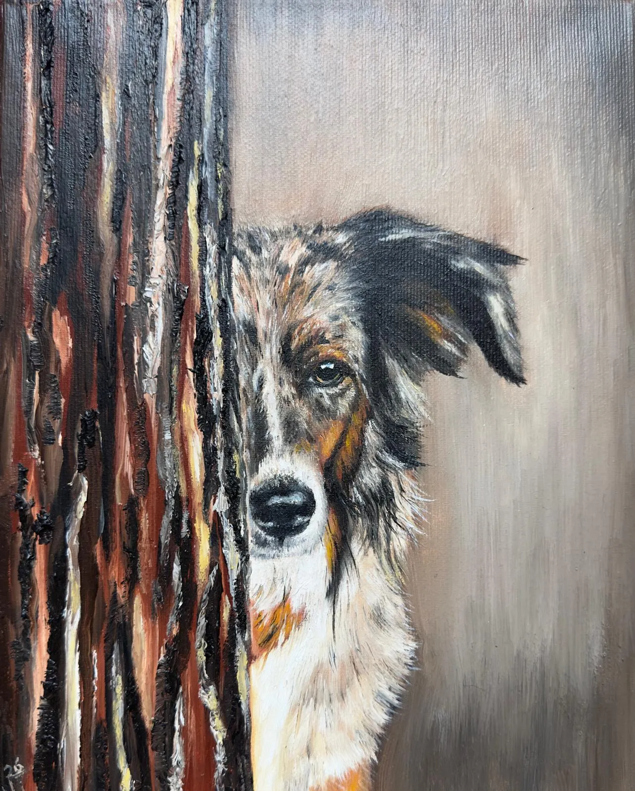 Ölporträt eines Australian Shepherds, halb verborgen hinter einem Holzpfosten