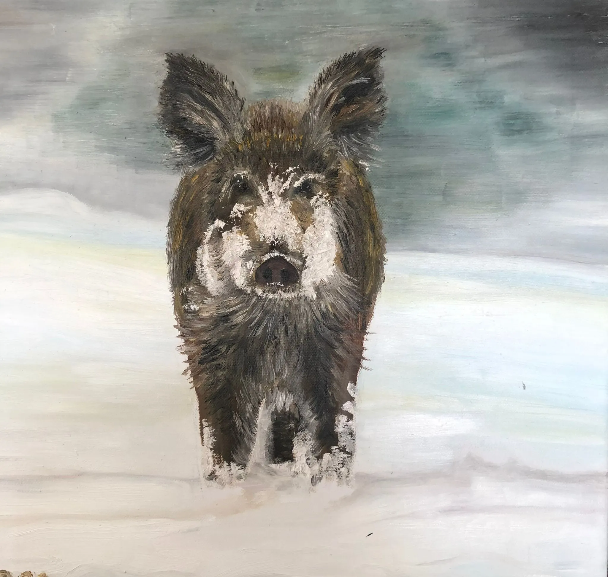 Kleines Ölporträt eines Wildschweins im Winter