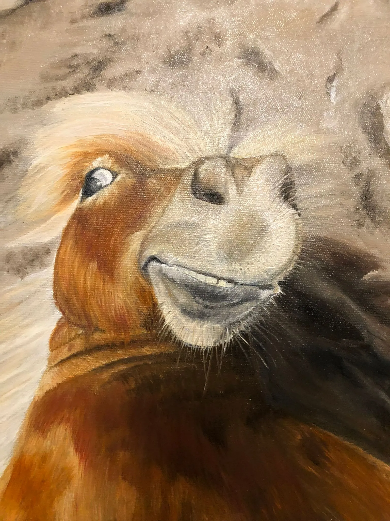 Ölporträt eines Shetland-Ponys mit windverwehtem Schopf